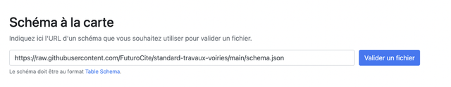 Dans « Schéma à la carte », en bas de la page, je mets le lien vers le standard FuturoCité et clique sur « Valider un fichier »